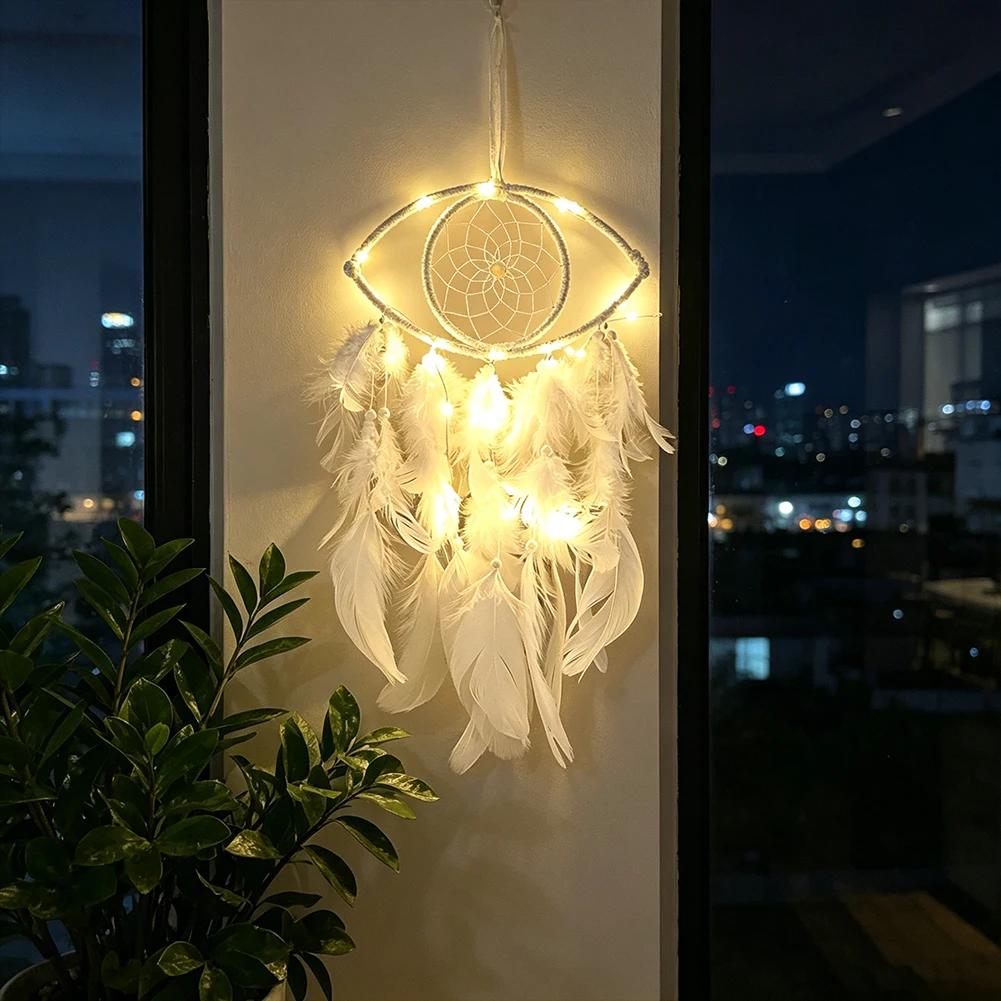 Pure White All Seeing Eye Glowing Dreamcatcher LED Lights Hand Woven Feather Tassel Wall Hanging Home Meditation Decor Ornament