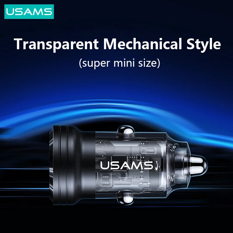 USAMS 45W Fast Mini Car Charger for iPhone iPad MacBook Xiaomi Samsung Aluminum Alloy Transparent USB Type C Phone Charger