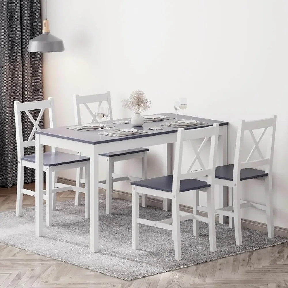 5-piece dining table set, 4-person kitchen table and chairs, kitchen dining table set, dining room, gray and white