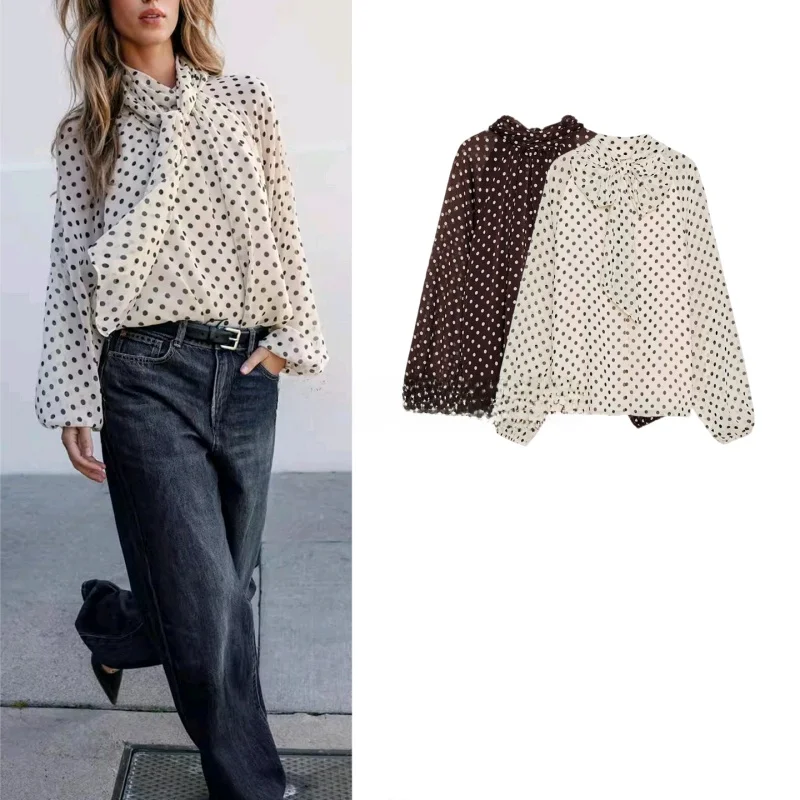 Winter New Women's irt Stand Collar Semi Transparent Long Sve Polka Dot Design Knot Sweet Sle Thin Polyester