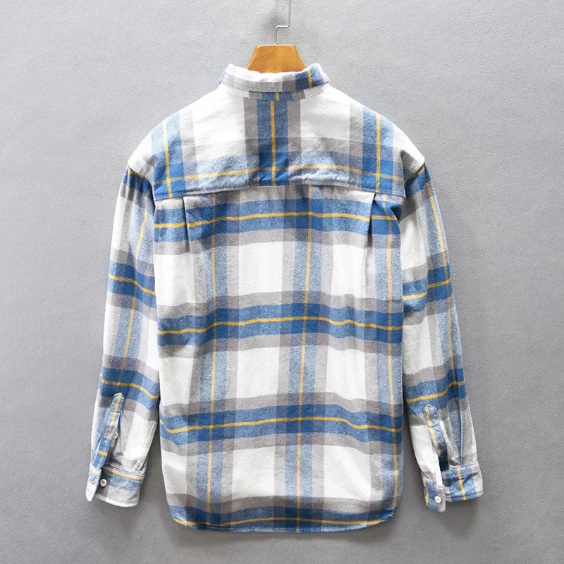 Men Clothing 2023 Japanese Plaid Casual Long-sleeved Shirt Men\'s Autumn Vintage Color Contrast Youth Lapel Loose Cotton Shirt