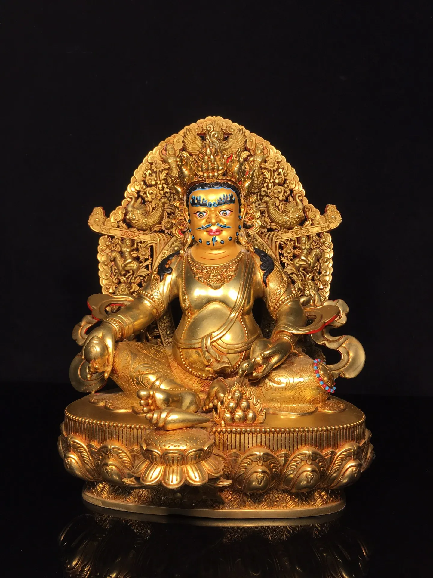 Old Bronze Gilded Painted Face Yellow Jambhala Sitting Buddha backlight Lotus Terrace Worship Hall