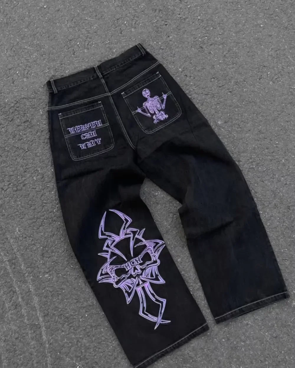 Men's Retro Skull Embroidery Jeans, Y2K Hip Hop Washed Baggy Denim Pants, Straight Casual Loose Fit Wide Leg Street Style