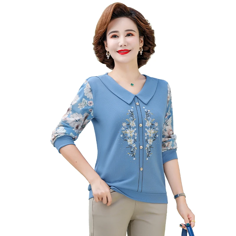 Women's Chiffon Sleeve Knitting T-Shirt  Spring Autumn New lapel Floral Tee Tops Casual Pullover Mother Clothes