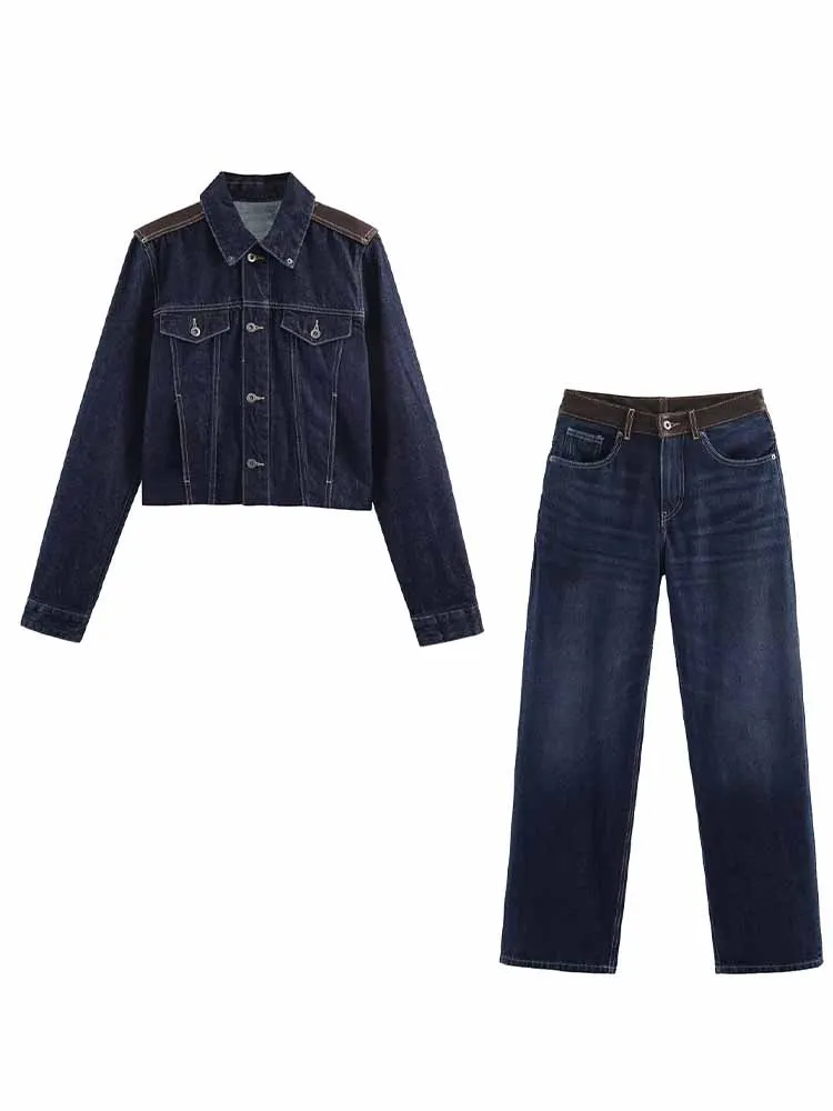 

HH Woman Fashion Long Sleeves Faux Leather Splicing Decoration Short Jacket+High Waist Zipper Casual Denim Trousers 2 Piece Set