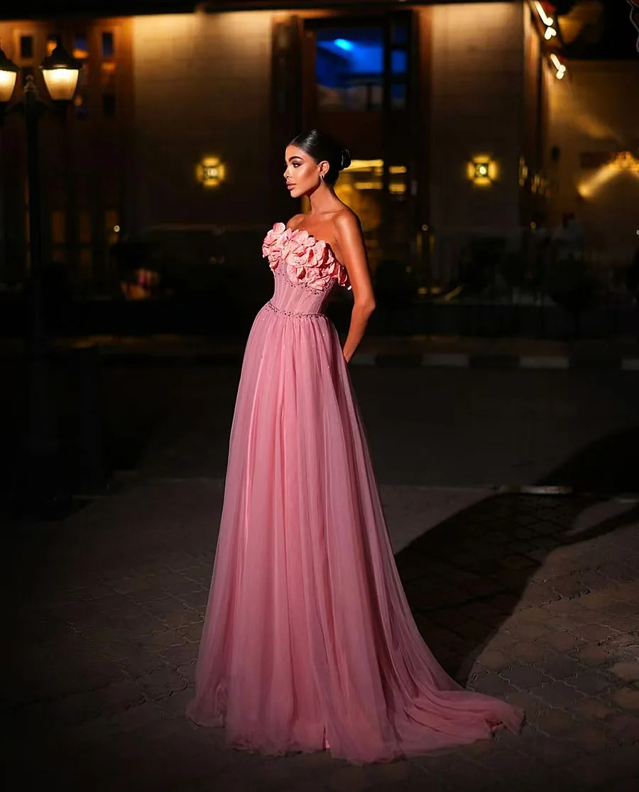 Flower A-Line Prom Evening Dresses Strapless Appliques Tule Party Dress Formal Night Cocktail Prom Gowns Custom