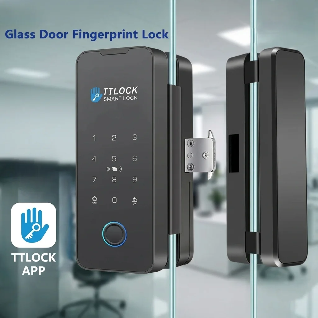 Commercial Biometric Fingerprint Digital Password Rfid Card Built-in Doorbell Ttlock Smart Glass Lock for Framed Glass Door