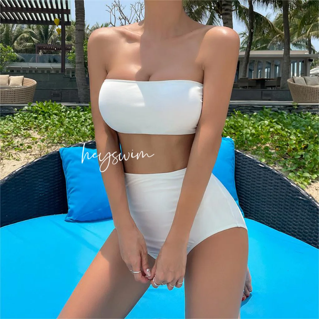 2024 New Female Swimsuit Sexy Solid Color Strapless High Waisted Belly Covering Slimming Open Back Strap Split Bikini Swimsuit