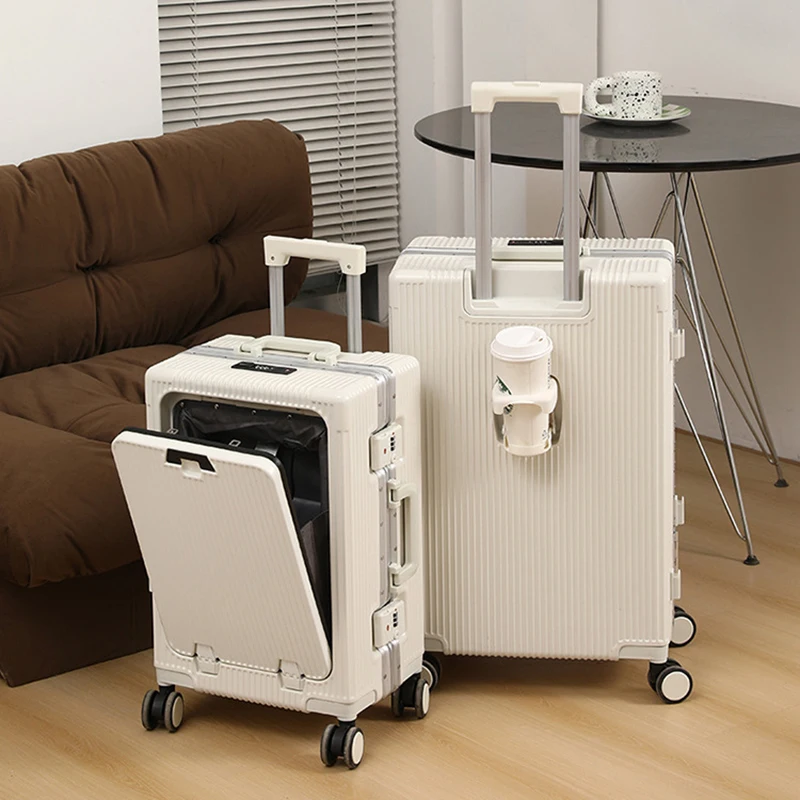 Front open trolley suitcase with cup holder travel luggage pull rod Aluminum frame Large capacity usb charging carry on suitcase