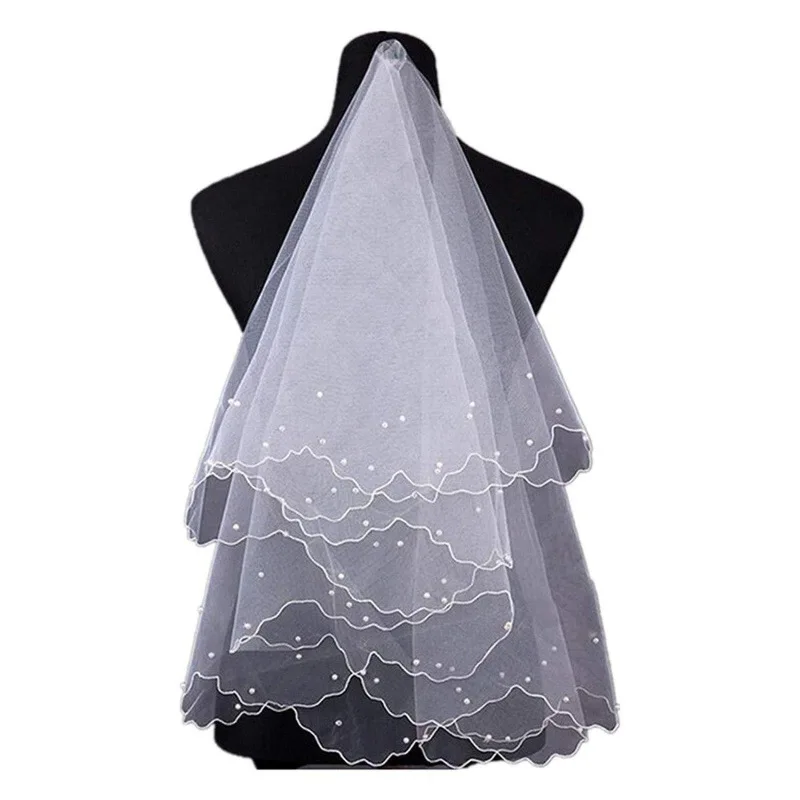 Bridal Veil Pearl Wedding Dress Layers Tulle Ribbon Edge Veils Women Accessories