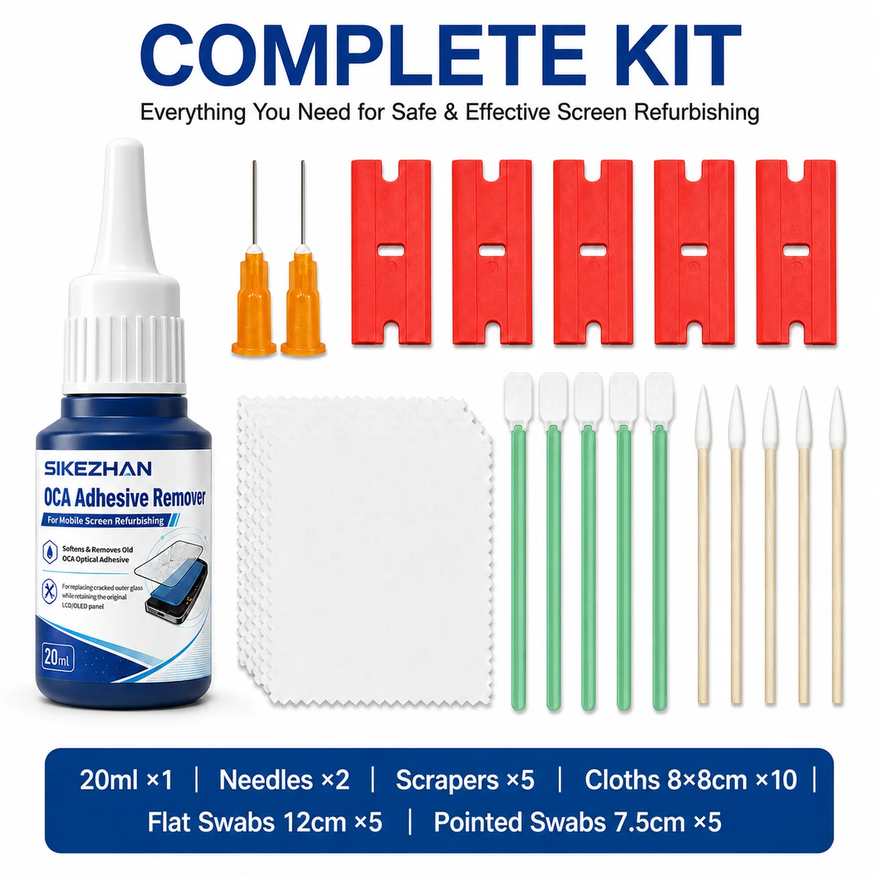 LCD Screen Repair Kit 20ml OCA Adhesive Remover Liquid Scraper Blades Cleanroom Wipes Flat Pointed Swabs Needles for Smartphones