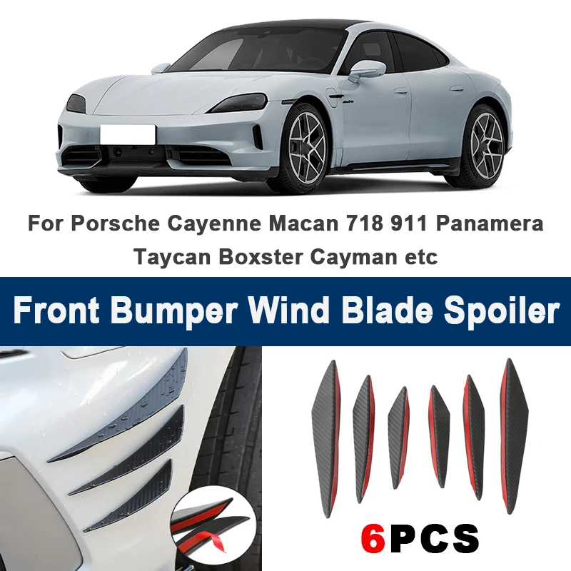 

6pcs Front Bumper Lip Side Splitter Fins Wind blade Spoiler - For Porsche Cayenne Macan 718 911 Panamera Taycan Boxster Cayman