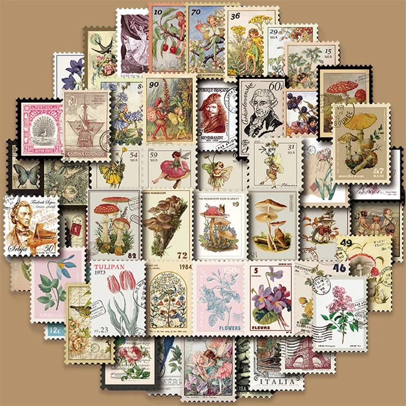 10/20/50 PCS All Different Vintage Postage Stamps Desc Stickers For Scrapbooking And Journaling