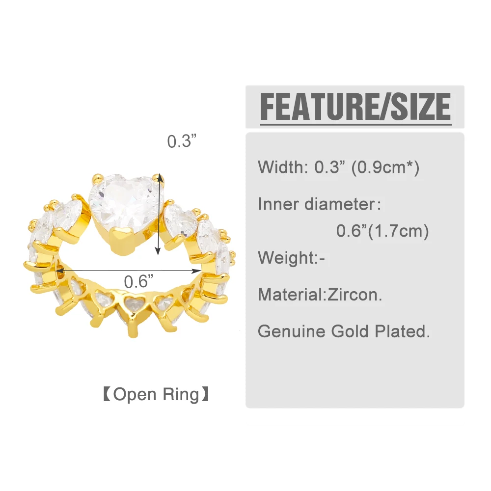 Clearance Big Zircon Heart Rings of Women Copper Gold Plated Crystal Leaves Open Ring Jewelry Wholesale Party Gift rigr81