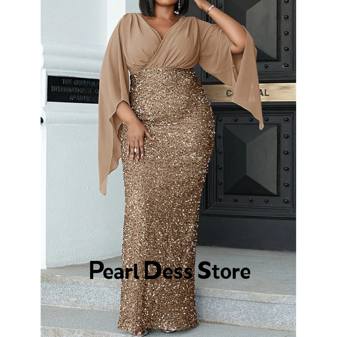 

Pearl Champagne Ladies Dresses for Special Occasions Shiny Fishtail Evening Gown V-neck Long Sleeves Large Size Party Dress Gala