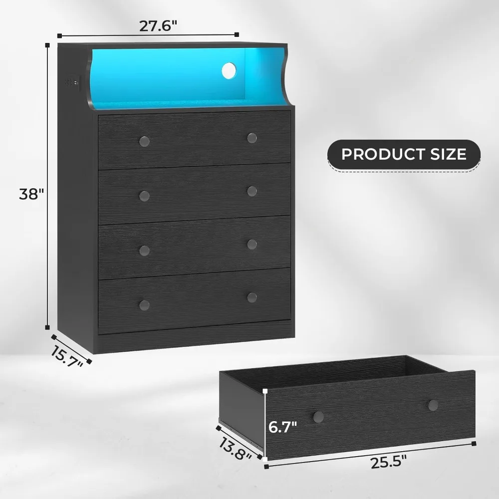 Drawer Dresser for Bedroom with LED Lights, Chest of 4 Drawers with Charging Station, Tall Dresser with Large Storage Space