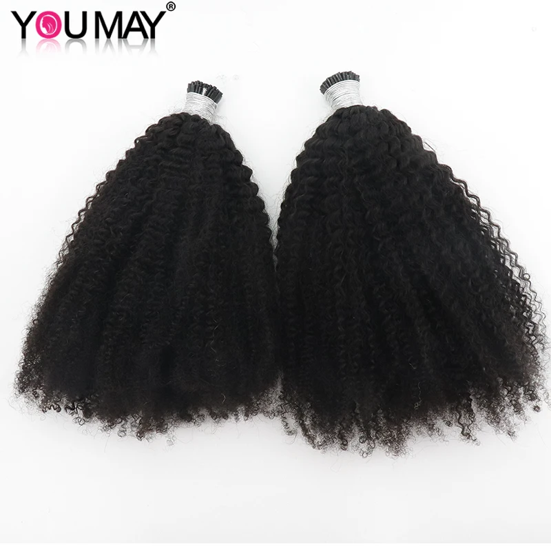 Afro kinky encaracolado itips extensões de cabelo humano microlinks mongol remy feixes de cabelo eu ponta micro grânulos afro coily em fita a granel em