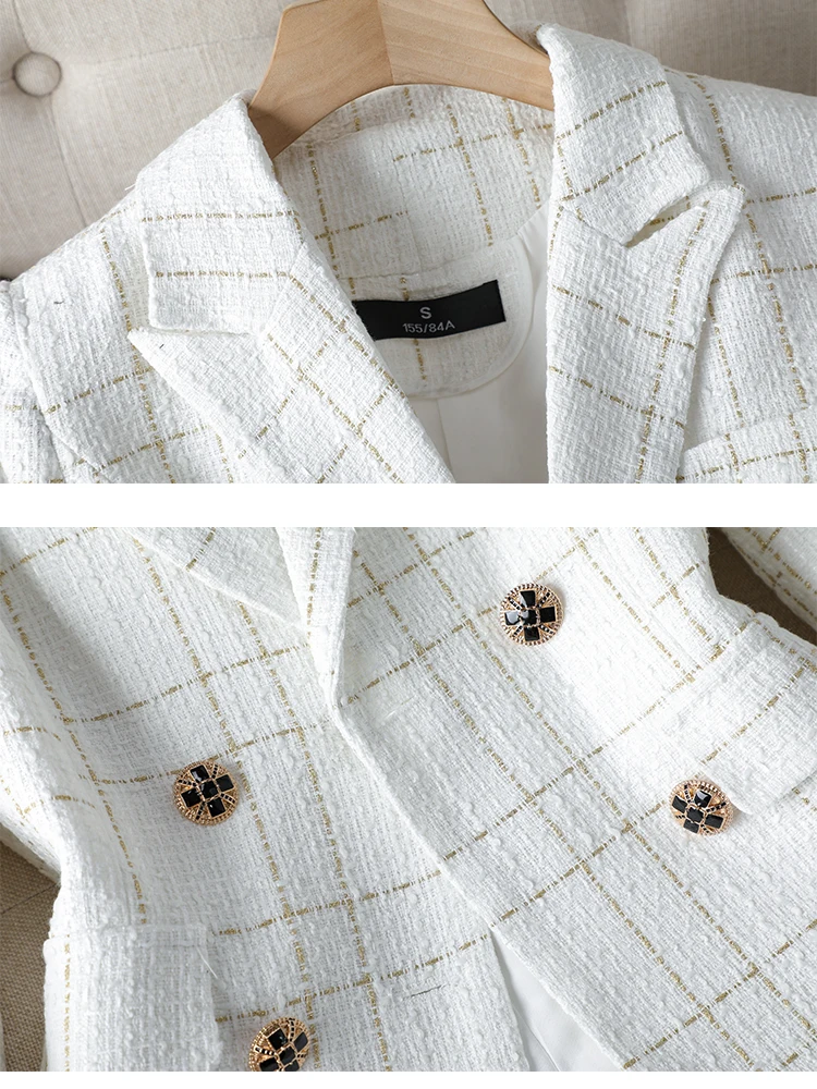 Black White Plaid Ladies Casual Blazer Women Autumn Winter Long Sleeve Double Breasted Coat Jacket