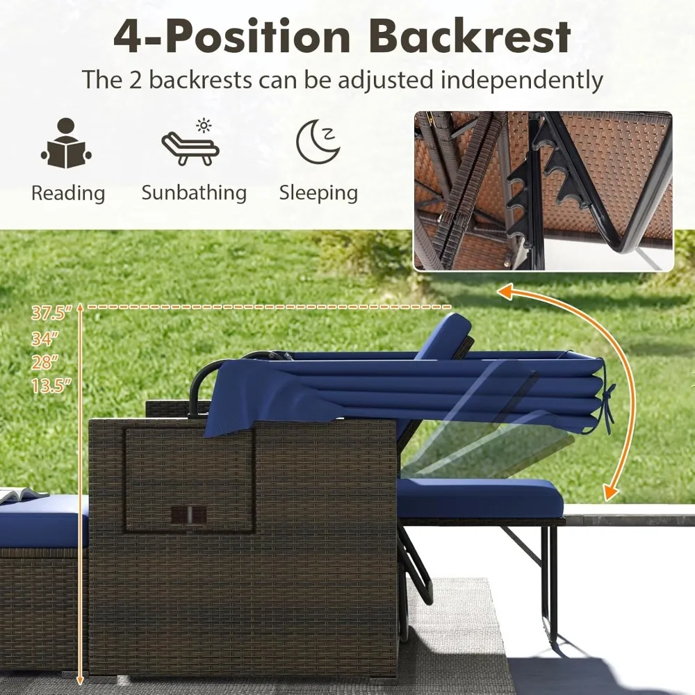 Outdoor Daybed with Retractable Canopy - Rattan Loveseat Sofa Set w/ Adjustable Backrests, 2 Folding Side Panels, Storage