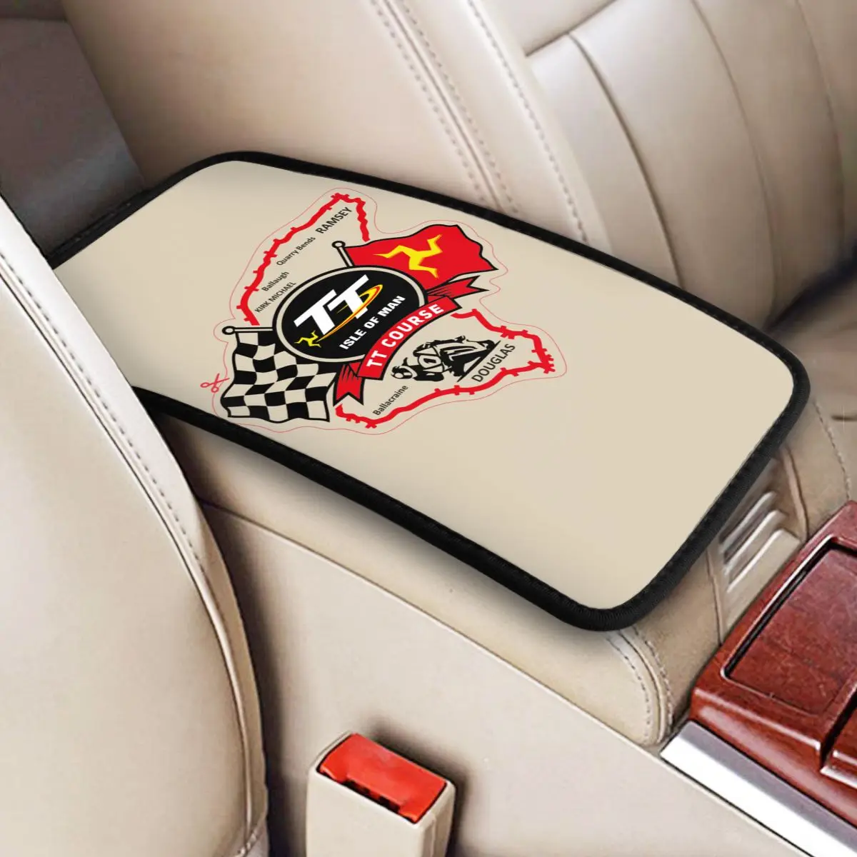 Custom Isle Of Man Tt Racing Car Armrest Cover Mat Motorcycle Sports Center Console Cover Mat Car Interior Storage Box Pad