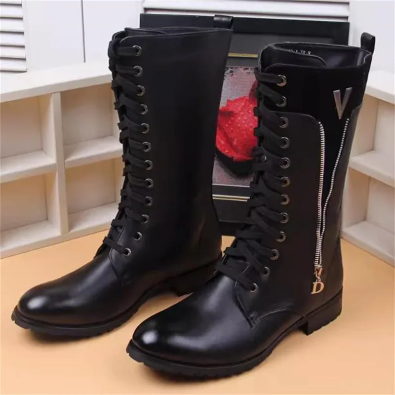 Mens Training Over Knee High Boots light Leather Long Waterproof Snowboots Equestrian Motocycle Patent leather punk cowboy boots