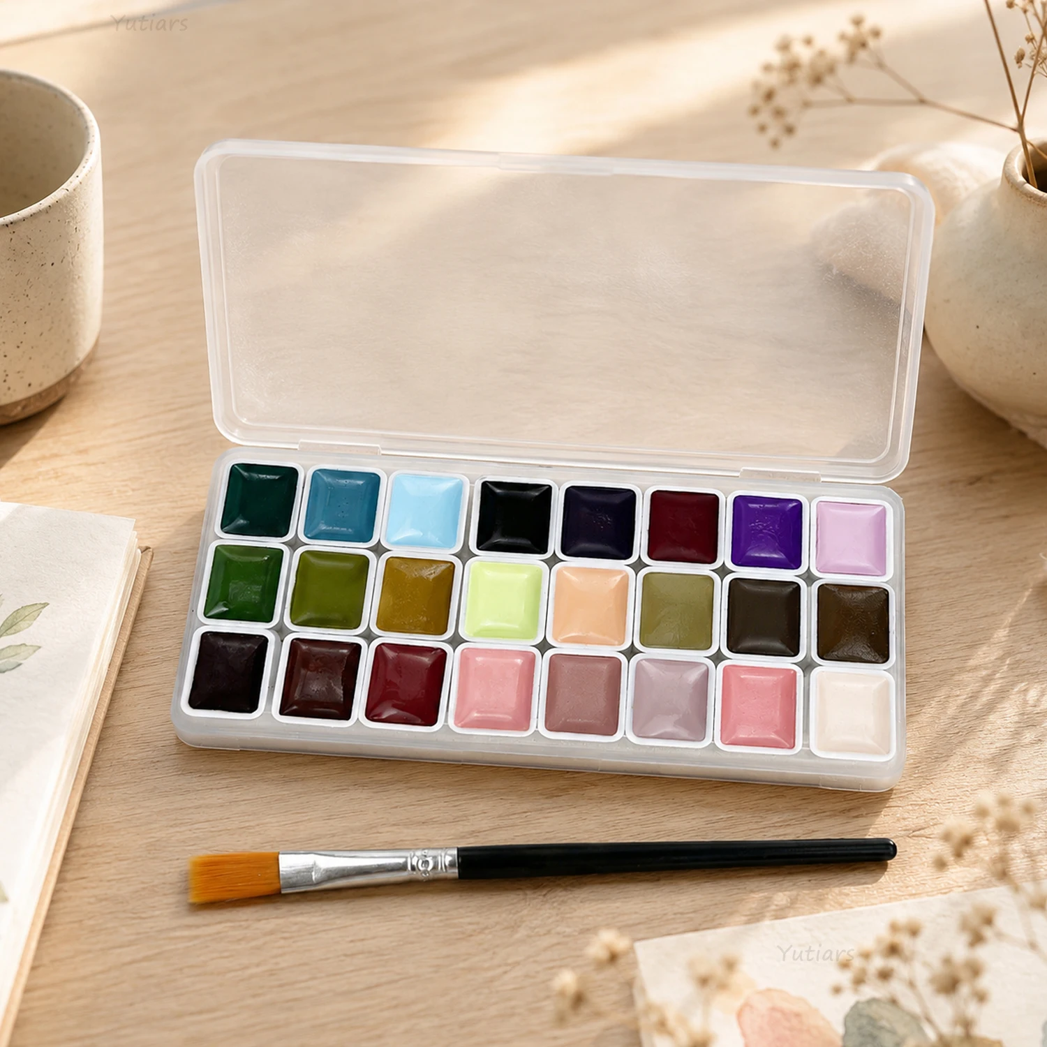 24 Color Watercolor Paint Set Solid Pigments Palette with Transparent Case for Artists Drawing Crafts Travel Supplies Kit