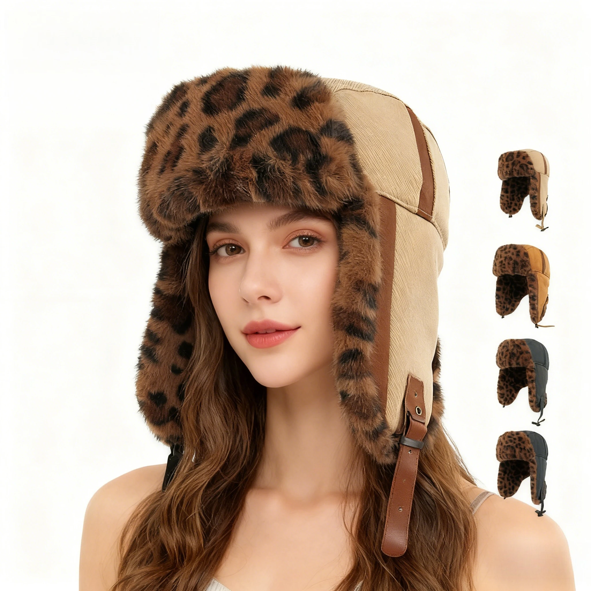 

Женская зимняя шапка-траппер с леопардовым принтом, ушанка на подкладке из искусственного меха, шапка-бомбер, лоскутная теплая плюшевая толстая уютная шапка-авиатор