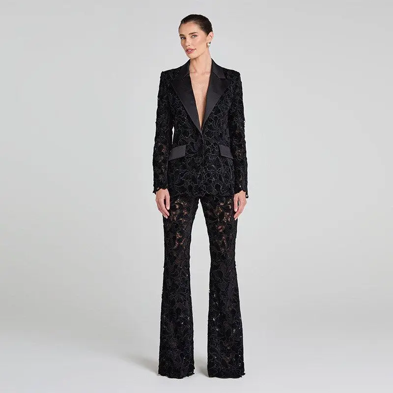 

2026 New Black Lace Embroidered Suit Set Women's Fashion Slim Fit Two Piece Set Long Sleeve European Style Women's Suit