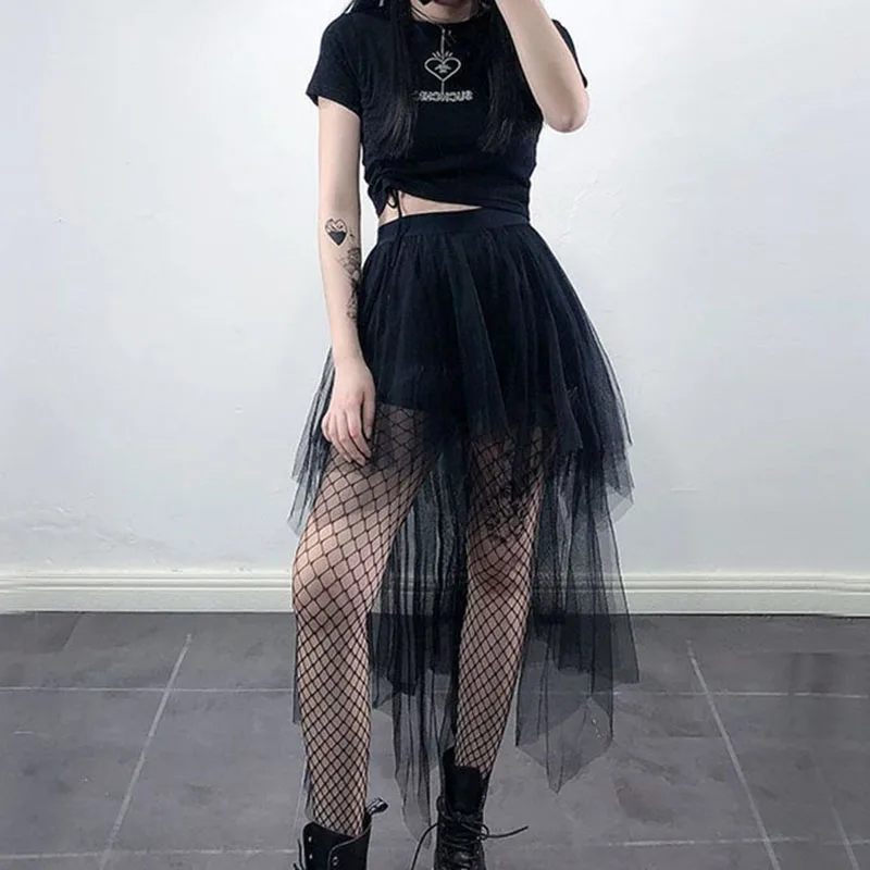 Gothic Black Tulle Skirt Women Summer Fashion High Waist Streetwear Irregular Midi Skirts Chic Dark Series Punk Stitching Skirts