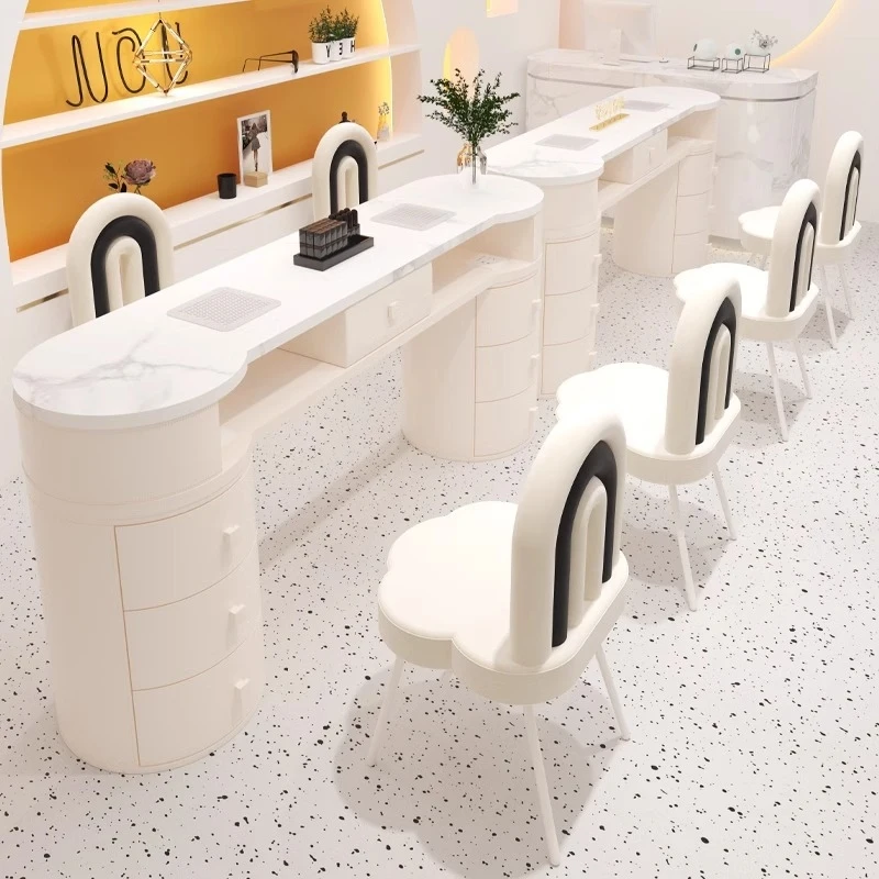 Cream Marble Professional Manicure Table with Vacuum Cleaner Socket Self Contained Nail Art Desk Set