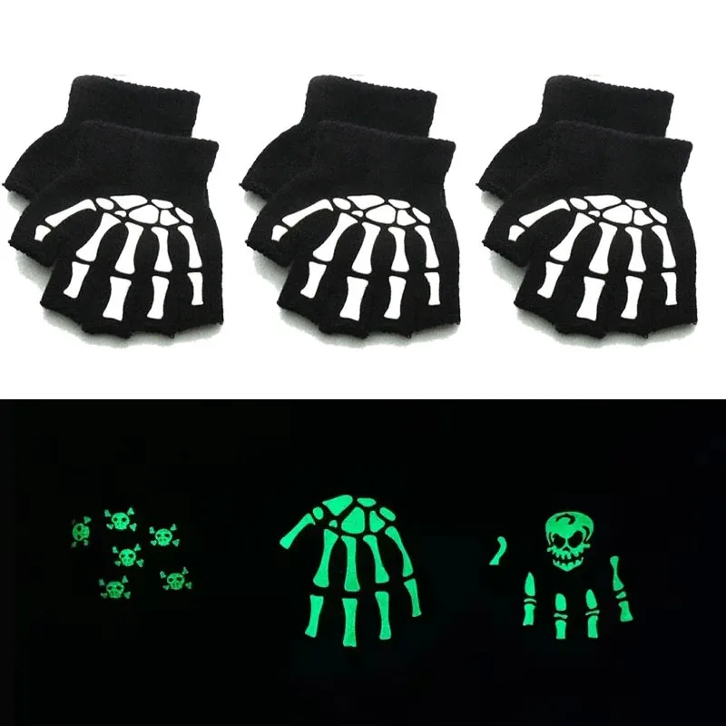 

1/3/6pairs Skeleton Cycling Gloves Glow In The Dark Fingerless Cycling Skull Gloves For Kids Halloween Costume Accessory Gloves