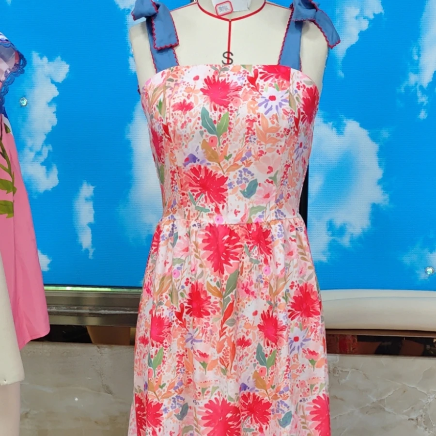 Feiertags-Damenkleid mit Spaghettiträgern und Blumenmuster, stilvolles, ärmelloses, schulterfreies, langes A-Linien-Kleid für Frühling und Sommer