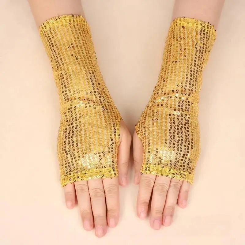 1Pair Fashion Gothic Shiny Sequins Gloves Punk Black Gold Red Club Dancing Gloves For Women Men