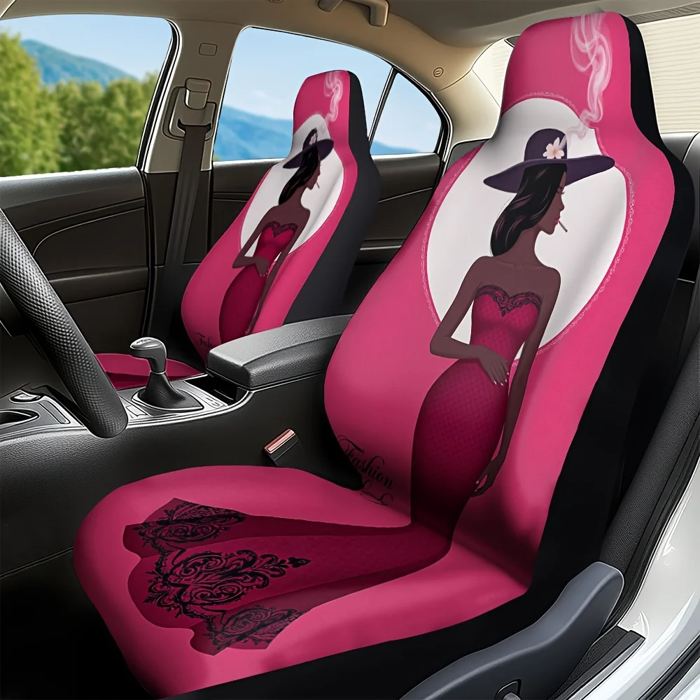 2pcs, Elegant Fashion Lady Silhouette Glamour Pattern Car Seat Covers, Durable And Comfortable, Fit For Front Seats Of Cars And