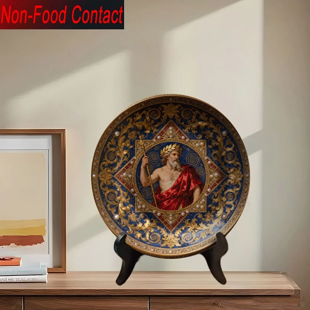 1pc Greek Mythology Ceramic Decorative Plate - Zeus & Hera Inspired Round Greek Key Pattern Wall Art, Non-Food Contact