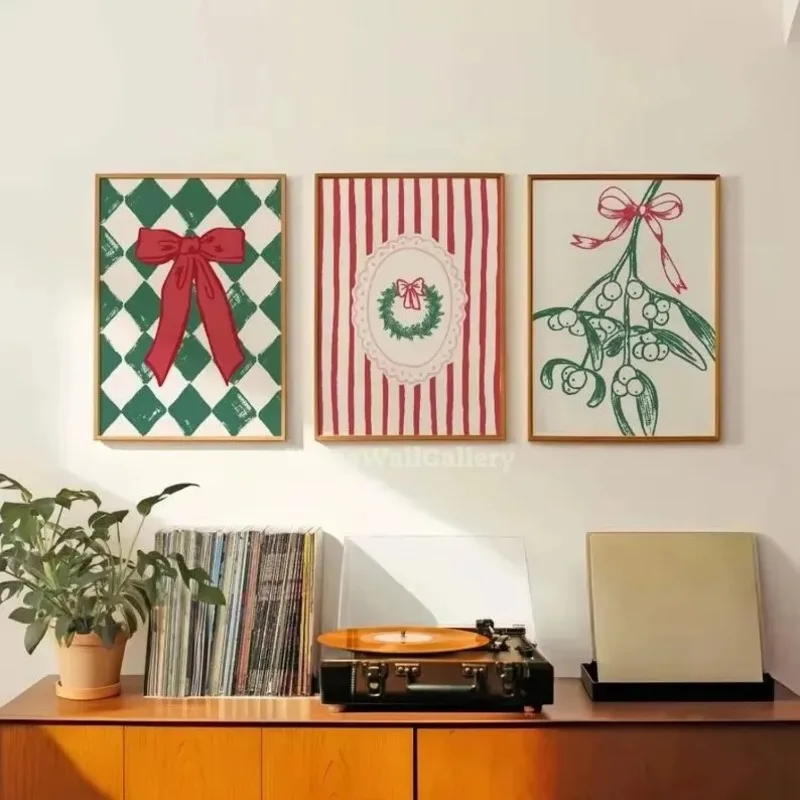3pcs Christmas Wall Art Prints Checkered Bow Striped Wreath Mistletoe Cute Vintage Festive Winter Home Decor Unframed Canvas