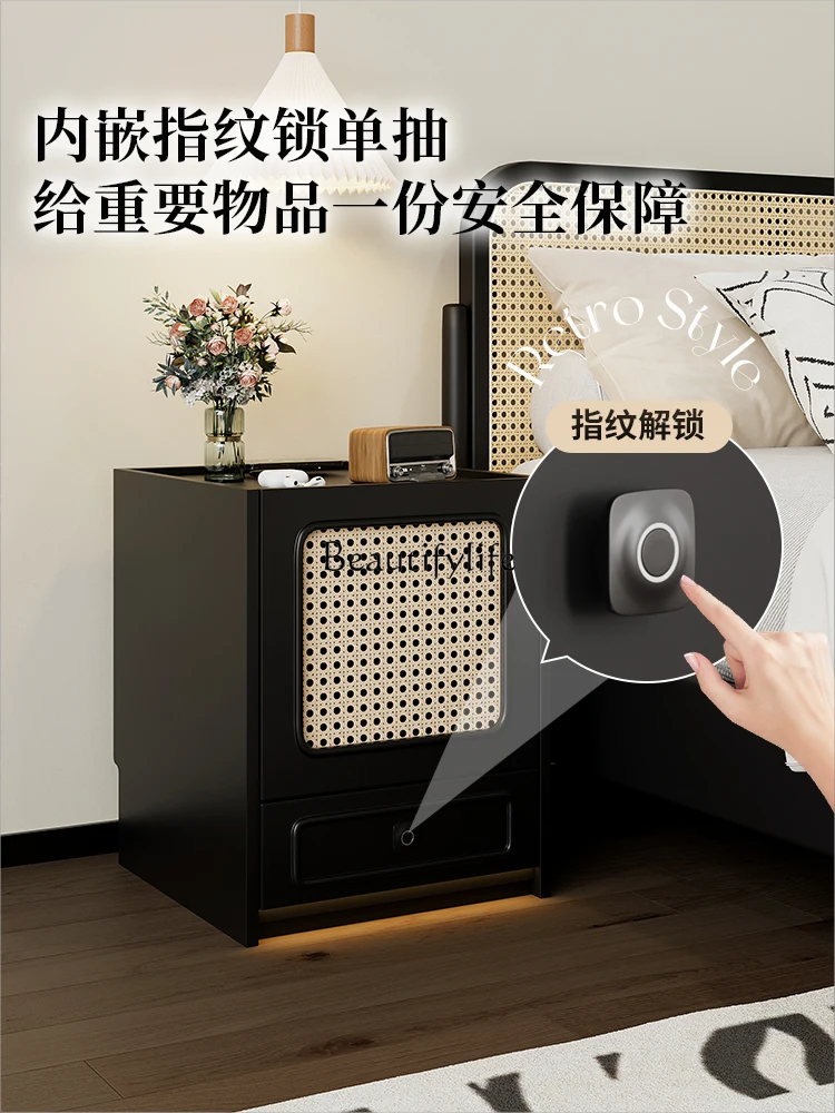 Table de Rangement Intelligente Rétro en Rotin Noir, Meuble Simple, Moderne, Médiéval, Multifonctionnel avec Serrure