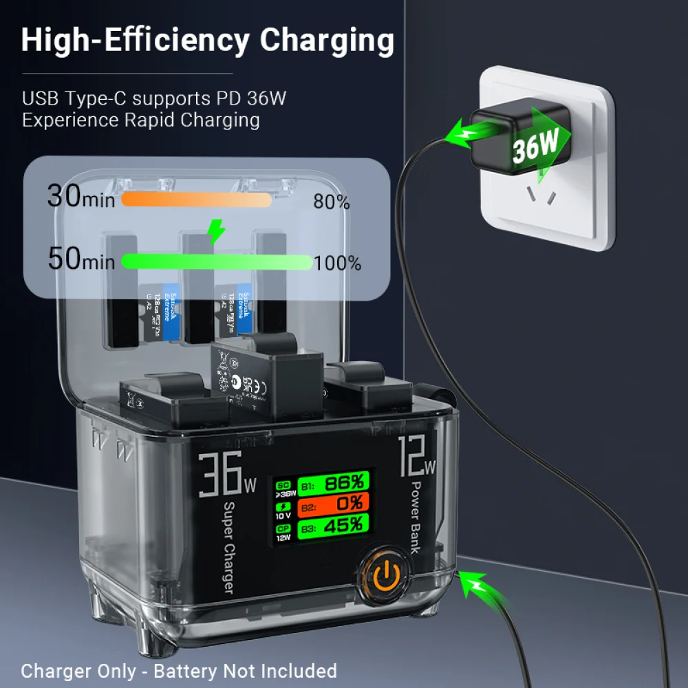 

36W PD Charging Box For DJI Action 5Pro/4/3 Charger Hub 3 Ways Bi-directional Charger Power USB-C Battery Charger Accessories