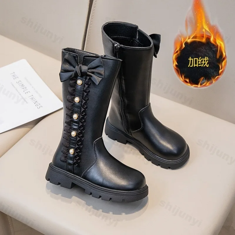 Girls Princess Boots 2025 Winter Bowknot Soft Soled Non-slip Outdoor Comfort Children High-top Boots Fashion Kids Leather Boots