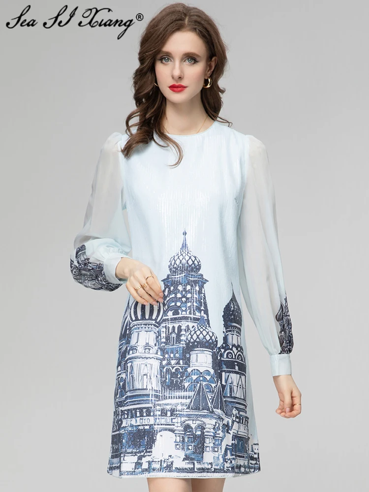 

Seasixiang Fashion Designer Spring Short Dress Women O-Neck Lantern Sleeve Sequins England Style Print Dresses