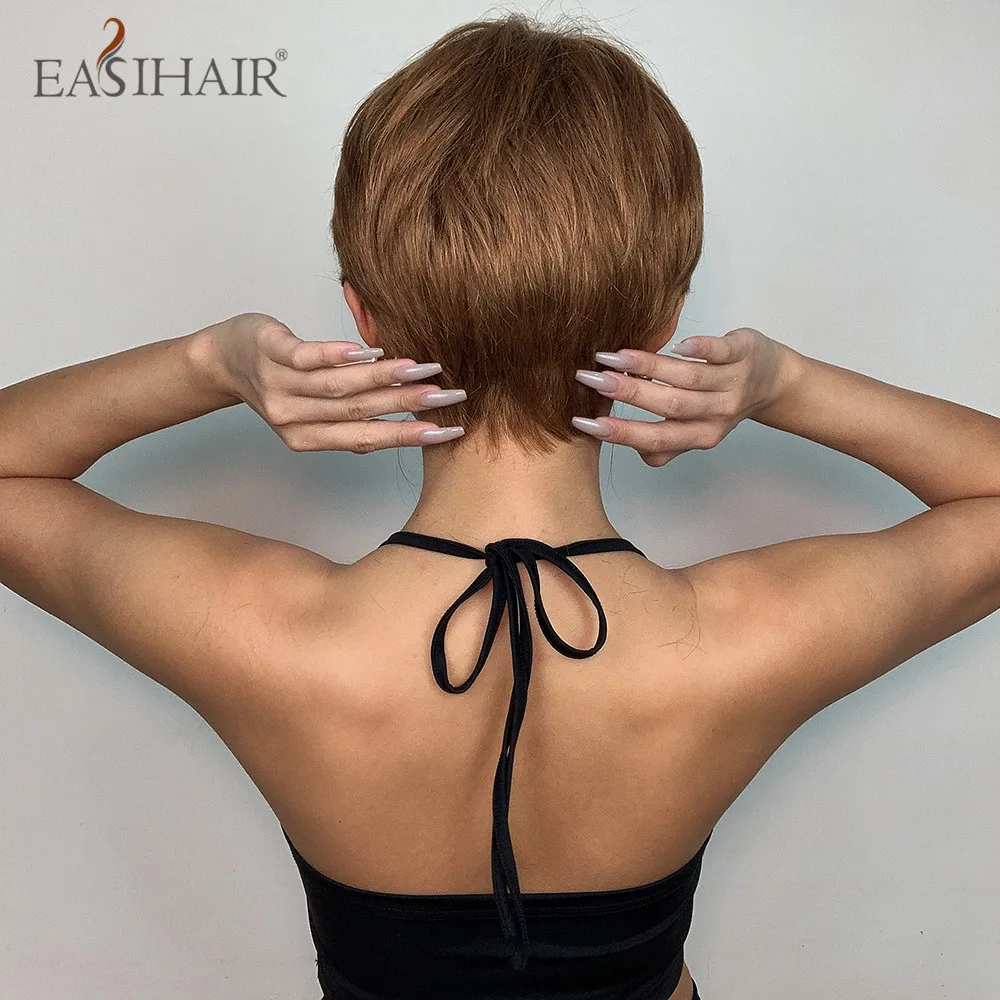 Synthetic Brown Golden Short Straight Wigs With Pixie Cut Bang Bob Layered Hair Wig for Women Daily Cosplay Party Heat Resistant