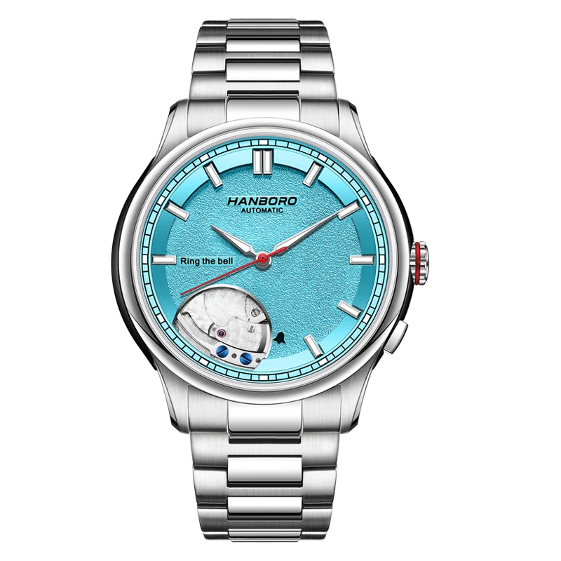 HANBORO Men Automatic Watch Fashion Alarm Mechanical Wristwatch Waterproof Sapphire Mirror C3 Luminous Ring Bell Miyota 9015