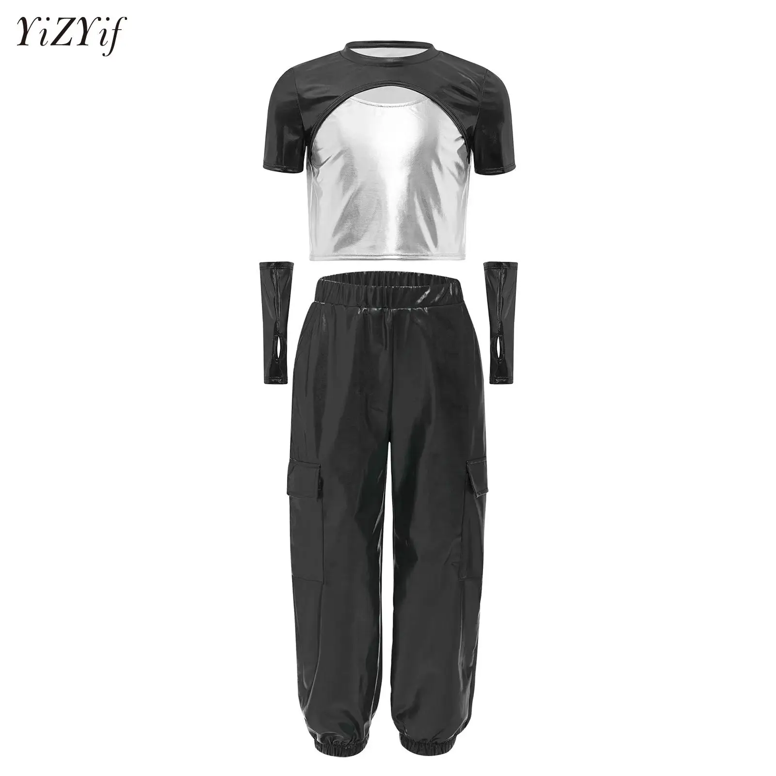 

Boys and Girls 80s Tracksuit Hip Hop Costume Top Pants Gloves Sets Outfit Retro Disco Dance Sportswear Hip-Hop Jazz Dance Wear