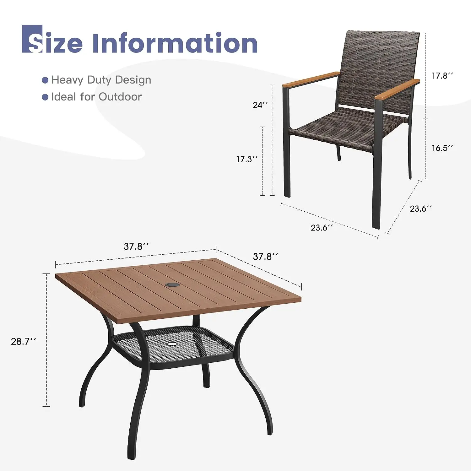 Patio Dining Set for 4, Metal Slatted Table, Umbrella Hole, Weather Resistant Frame, Wicker Stackable Chair, Lawn Deck Garden