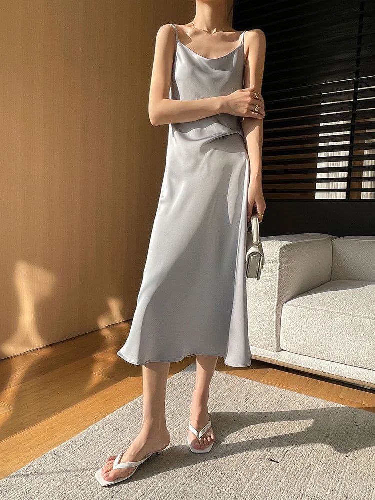 Acetate Satin Summer Slip Dress Women Solid Color Long Sundress SY-03