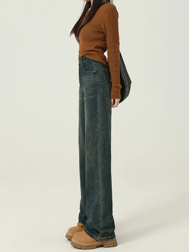 Hohe Taille Gerade Bein Jeans Frauen Frühjahr Neue Sle Casual Breite Bein Hosen Dra Slim Fit Vintage Bodenlangen