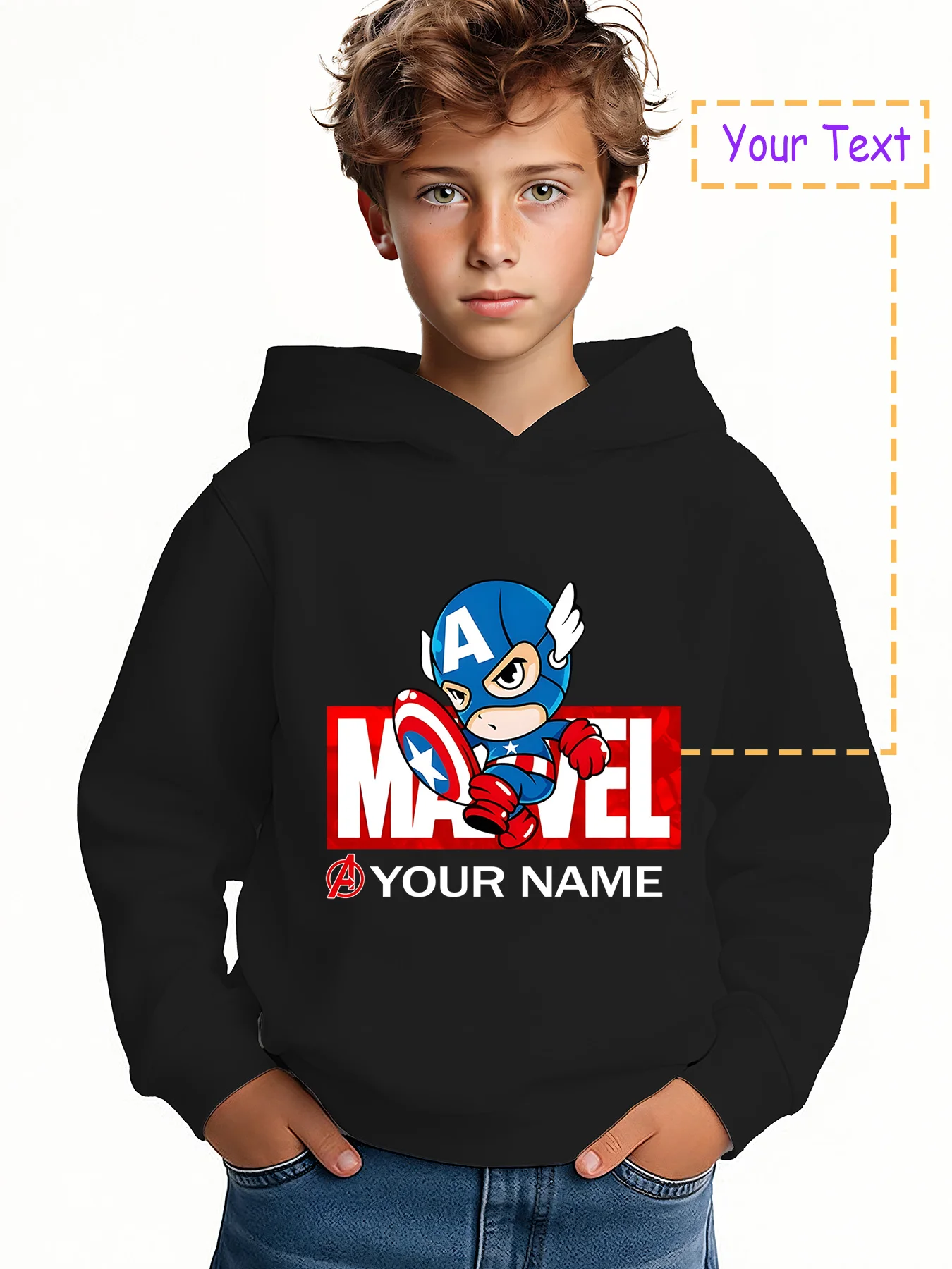 

MINISO Captain America's cute Marvel hoodie - Q version of Captain America with "MARVEL", a basic style for Avengers fans, suita