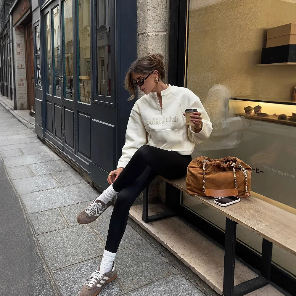 سترة نسائية لخريف 2025 بياقة دائرية من قماش تيري نصف سحاب سترة راجلان كم متعددة الاستخدامات معطف بلوفر #4