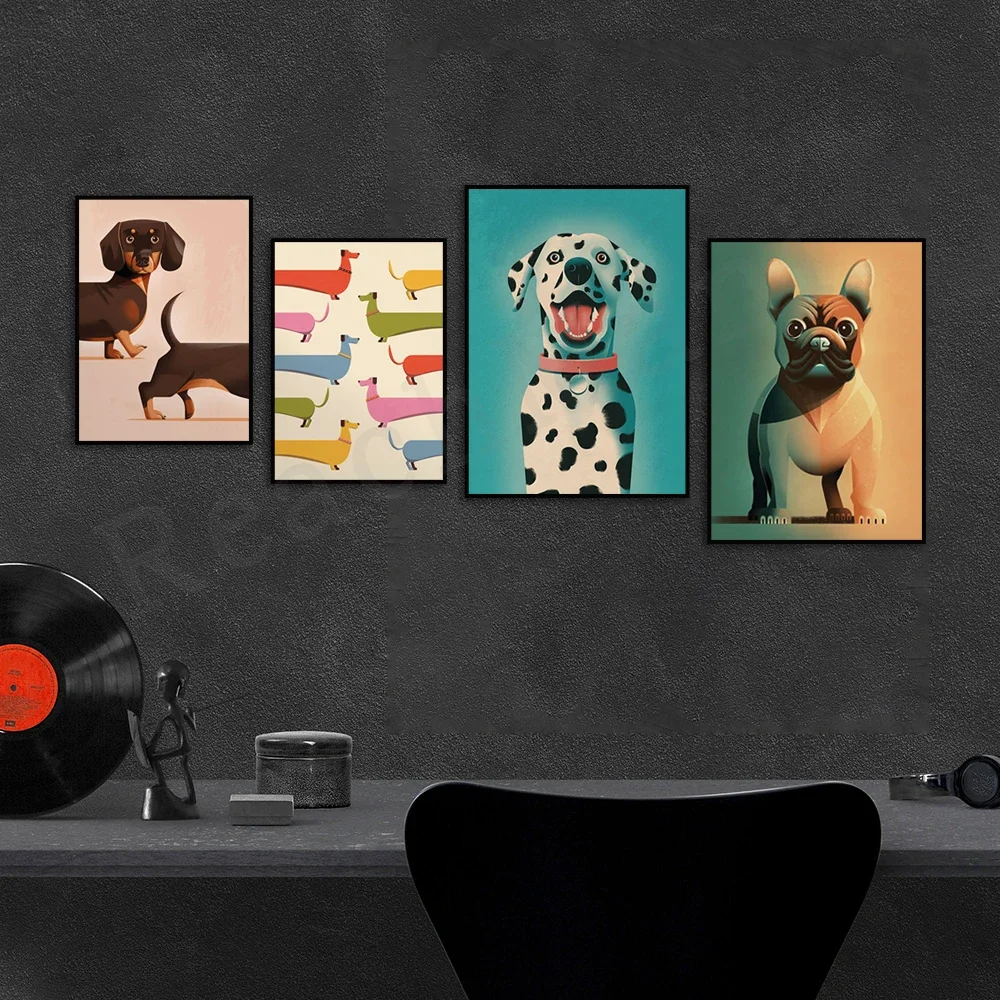 Sausage dog, dalmatian, french bulldog colorful pet print, dog breed dog portrait, vintage scandi illustration, dog poster