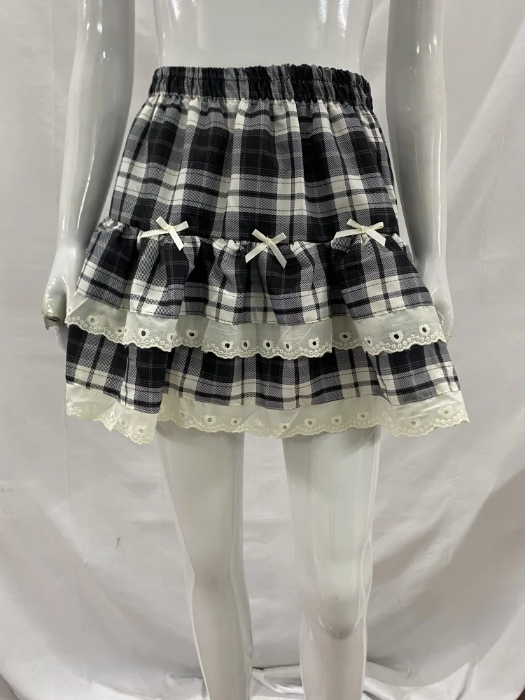

Women s High Waist Plaid Skirt A Line Mini Cake Skirt Ruffled Bow Patchwork Tiered Puff Skirt Anti Slip Design
